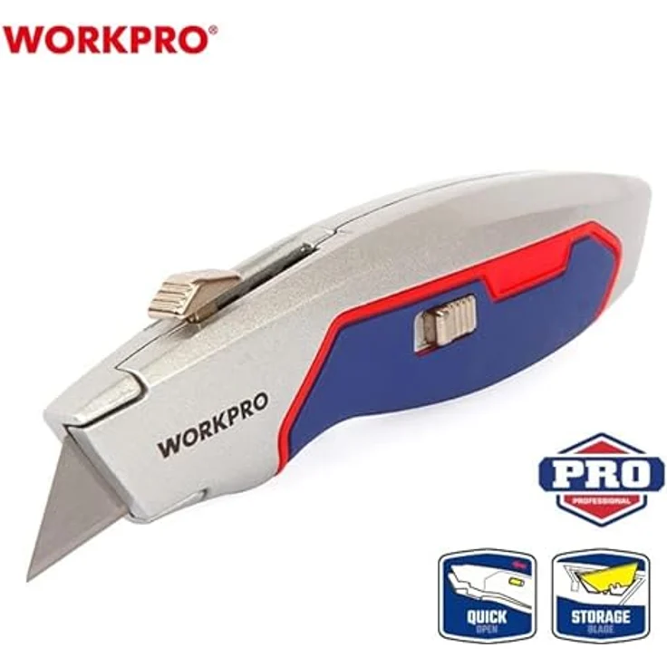 WorkPro Cuttermesser WP213011, Teppichmesser mit Zinklegierungsschneidkopf, Aluminiumgriff, schnellem Klingenwechsel und 10 Ersatzklingen – Bild 2
