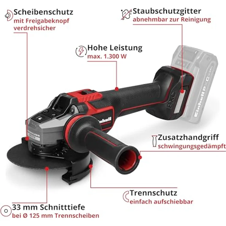 Einhell Akku-Winkelschleifer 'TP-AG 18/125-13 Q Li BL Solo', kabelloses Schleifen und Trennen, vibrationsarm, werkzeugloser Scheibenwechsel – Bild 3