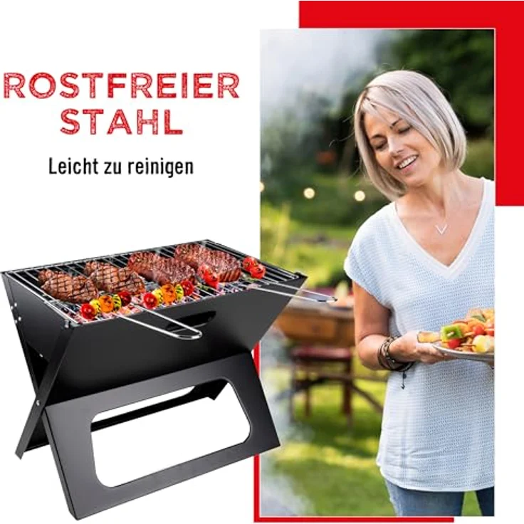 BBQ Collection Tischgrill Holzkohle, Faltbarer tragbarer Camping-Grill mit herausnehmbarer Feuerschale, schwarz – Bild 8