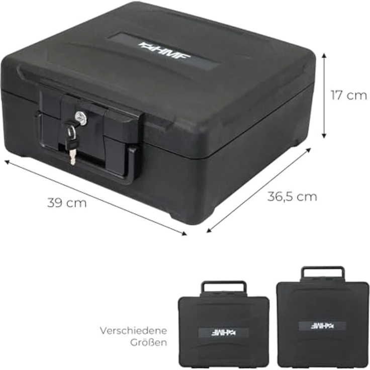 HMF Feuerfeste Dokumentenbox DIN A4, wasserdichte Geldkassette abschließbar, 39 x 40 x 17 cm, schwarz, schützt vor Feuer und Wasser – Bild 5