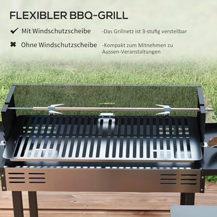 Outsunny Holzkohlegrill Campinggrill mit Grillrost und Rotisserie-Kit klappbar faltbar Camping Garten BBQ Rostfreier Stahl+Metall Schwarz 118 x 32 x 90 cm – Bild 4