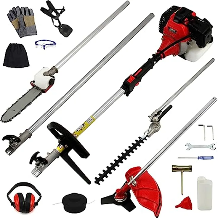 5 in 1 Benzin Multifunktionswerkzeug Garten Kabellos Heckenschere Rasentrimmer Motorsäge Kettensäge Gartenschere 52cc 1.6KW Verlängerungsstange 3 PS/HP 9000RPM 2-Takt GRATIS Sicherheitszubehör