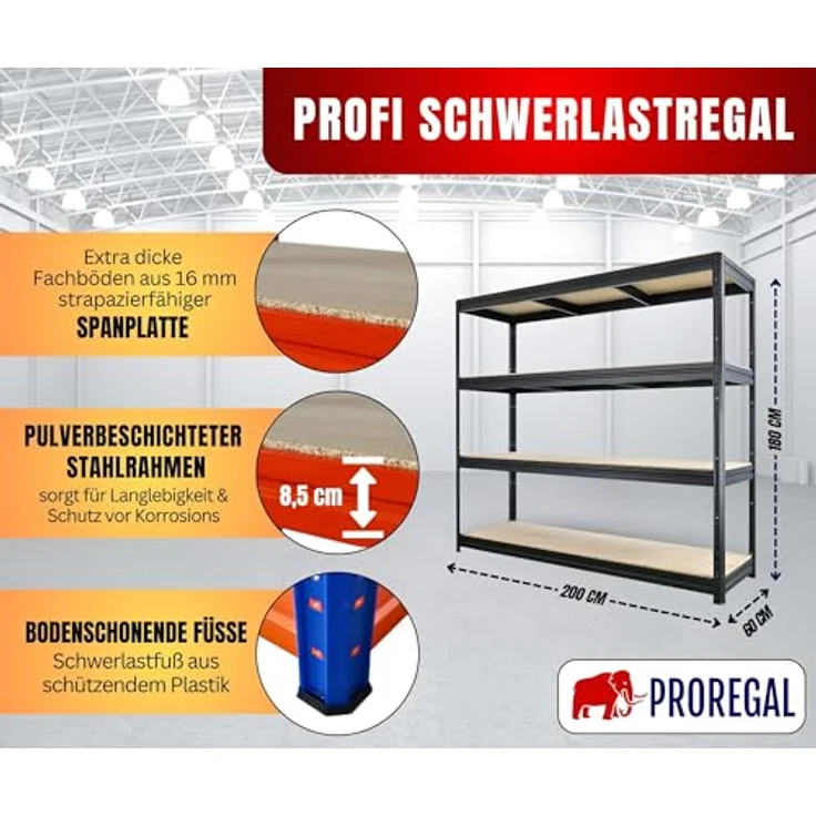 Proregal Schwerlastregal DINO, 180 x 200 x 60 cm, 4 Böden, Traglast 500 kg, Blau-Orange – Bild 2