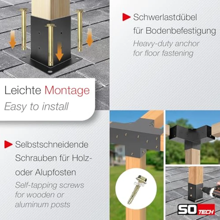SO-TECH® Pfostenbeschlag Holzverbinder Bodenanker vierkant, Stahl schwarz mit starkem Korrosionsschutz, Anbau SET 6-tlg. 100 x 100 mm – Bild 5