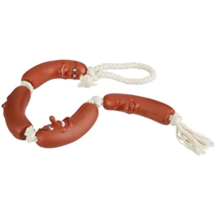 Relaxdays 4 x Hundespielzeug Wurst, kleine & mittlere Hunde, robust, ohne Quietscher, Kauspielzeug, 65 cm lang, rot-weiß