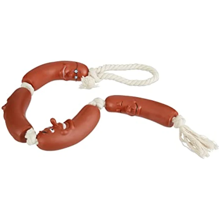 Relaxdays 4 x Hundespielzeug Wurst, kleine & mittlere Hunde, robust, ohne Quietscher, Kauspielzeug, 65 cm lang, rot-weiß – Bild 1