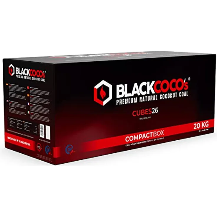 BLACKCOCO’s - 20 KG Premium Shisha Kohle Naturkohle Kokosnuss und BBQ - Hochwertige Kokos Coal Briketts für Wasserpfeife & Grill - Shisha Würfel Kohlen & Grillkohle mit Langer Brenndauer