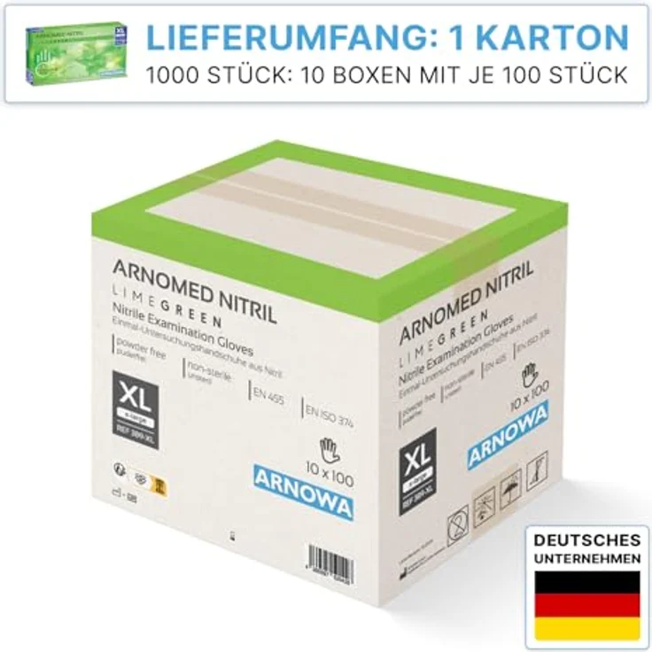 ARNOMED Einweghandschuhe Nitril, 1000 Stück, puderfrei, limettengrün, XL, hautfreundlich, reißfest, lebensmittelecht – Bild 2