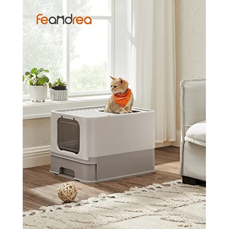Feandrea Katzenklo, Katzentoilette, mit Deckel, ausziehbares Tablett, Schaufel, Bürste, geräumig für Katzen bis 15 kg, weniger Spuren, auslaufsicherer Boden, haferflockenfarben-warmgrau PPT001G01 – Bild 2