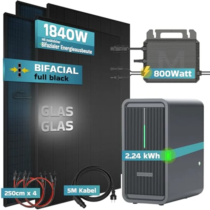 SUNNIVA® 1840W Balkonkraftwerk, Komplettset mit 2,24 kWh Marstek B2500-D Speicher, Bifazial Fullblack, 4x 460W N-Type Glas-Glas Module, Plug & Play Anschluss – Bild 3