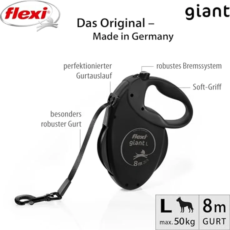 flexi Giant Black Edition Roll-Leine, 8 m Gurt für Hunde bis 50 kg, schwarz – Bild 2