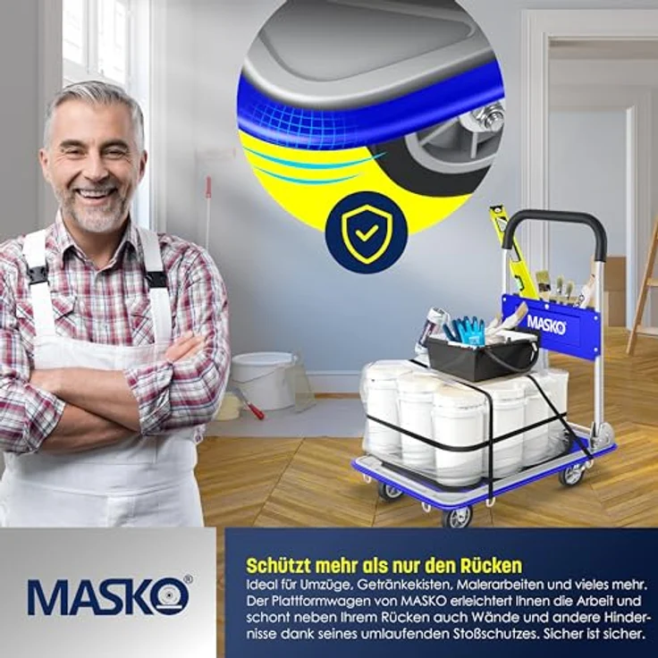 MASKO Transportwagen, Klappbarer Plattformwagen mit robustem Stahlrahmen, 150 kg Tragfähigkeit, Inkl. Arbeitshandschuhe – Bild 5