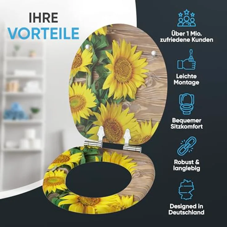 Sanilo WC Sitz Sunflower, Holz-Toilettendeckel mit Absenkautomatik und antibakterieller Oberfläche, 47 x 37,7 cm – Bild 2
