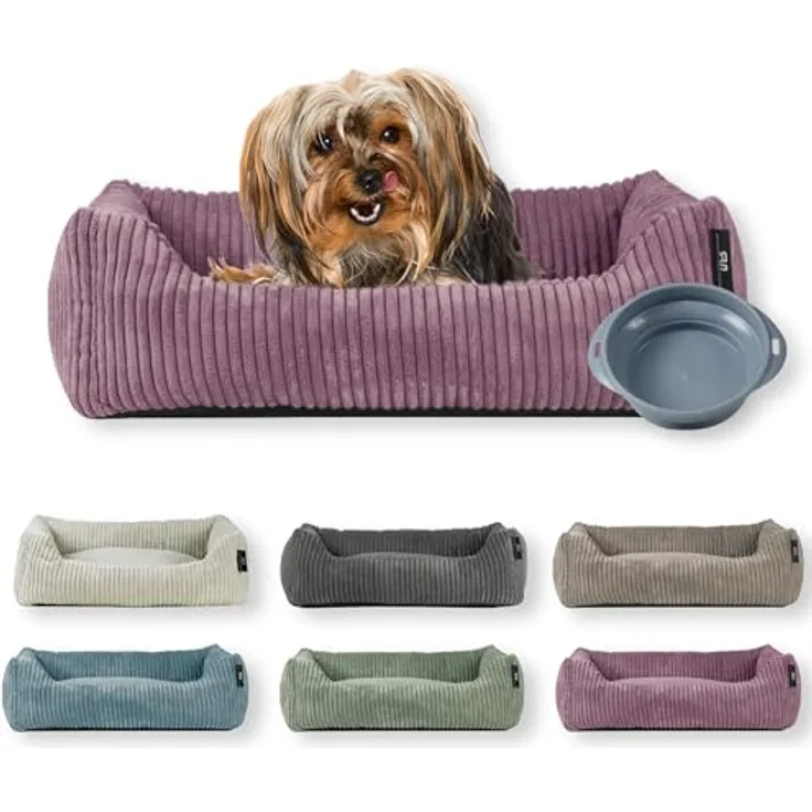 Rohrschneider Hundebett | Cordstoff | waschbarer Bezug | inkl. Futternapf (Altrosa, 55 x 42 cm)