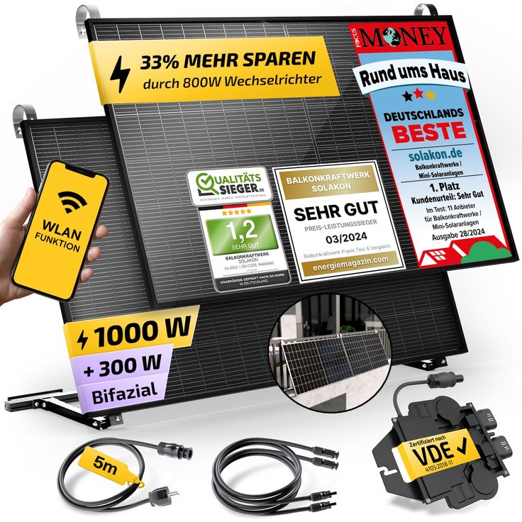 Solakon Balkonkraftwerk 890W / 600W Solaranlage Steckerfertig WIFI mit Balkon Halterung Komplettset Photovoltaik Anlage 600W/800W