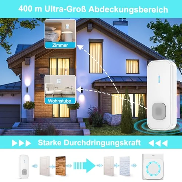 AIMAX Funkklingel Set, 2 Sender und 3 Empfänger, 400m Reichweite, IP55 wasserdicht, 55 Klingeltöne, 5 Lautstärkestufen mit LED-Blitz, kabellose Installation – Bild 3