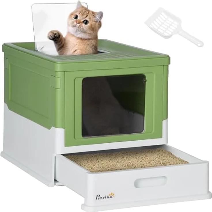 PawHut Katzentoilette Katzenklo mit Deckel Katzenhaus Desodorierungsbox, Kunststoff, Weiß+Grün, geräumig und kompakt, 47,5 x 35,5 x 36,7 cm – Bild 1