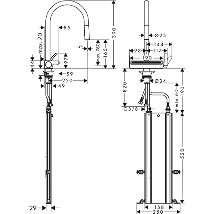hansgrohe Aquno Select M81 Küchenarmatur, Einhebelmischer mit Ausziehbrause, 3jet Chrom, ComfortZone 170, Schwenkbereich 60°-150°, MagFit Halterung – Bild 12