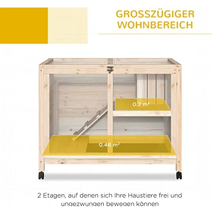 PawHut Kleintierkäfig mit Rädern Meerschweinchenkäfig Kleintierstall Kleintierhaus innen und außen Winterfest Tannenholz Natur 91,5 x 53,3 x 73 cm, 2 Ebenen, Massivholz, Rollen, einfache Reinigung – Bild 3