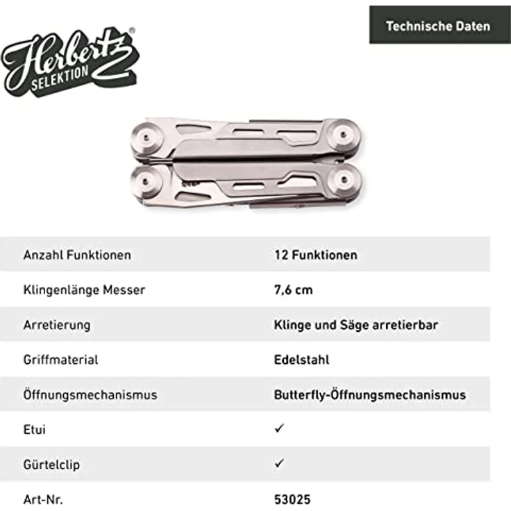 Herbertz Selektion Multitool, AISI 440 Stahl, rostfrei, Back Lock, Taschenclip, Klappmesser, Klappsäge, Outdoor-Messer für Camping oder Wandern – Bild 2