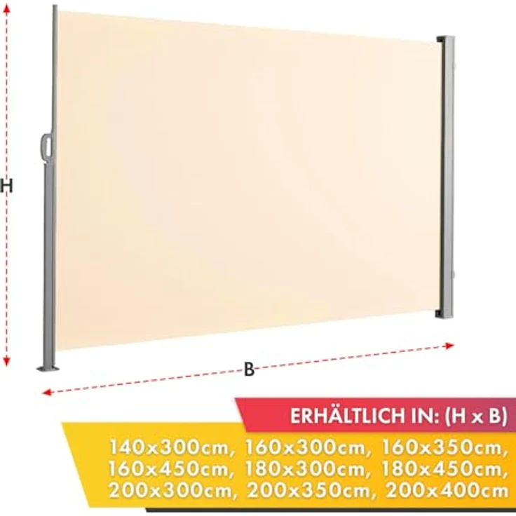 Floordirekt Seitenmarkise 140x300cm Beige - ausziehbarer Sicht- & Sonnenschutz aus Aluminium, UV-Schutz UPF50+, Polyester 280 g/m², mit Bodenhalterung – Bild 2