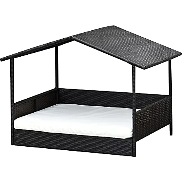 PawHut Rattan Hundehaus mit Kissen, Hundebett im Hausform, Outdoor Hundehütte, Stahlrahmen, PP, Kaffee-Braun, 69 x 98 x 70 cm