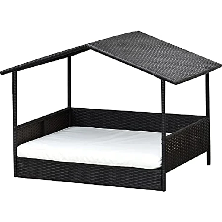 PawHut Rattan Hundehaus mit Kissen, Hundebett im Hausform, Outdoor Hundehütte, Stahlrahmen, PP, Kaffee-Braun, 69 x 98 x 70 cm – Bild 1