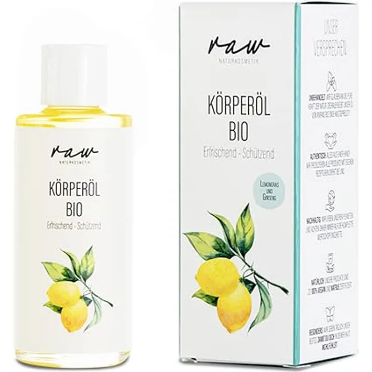 raw Kosmetik Körperöl BIO Lemongras und Ginseng, 100ml, kaltgepresste Bio Öle für gestresste und empfindliche Haut, vegan und klimaneutral