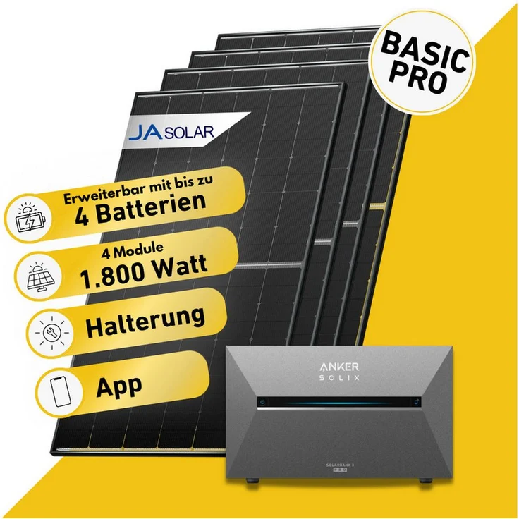 Balkonstrom Balkonkraftwerk Basic Pro 1800W, Solaranlage mit bifazialen 450W Modulen, Anker 2,7kWh Speicher, flexible Halterung für Balkon und Fassade