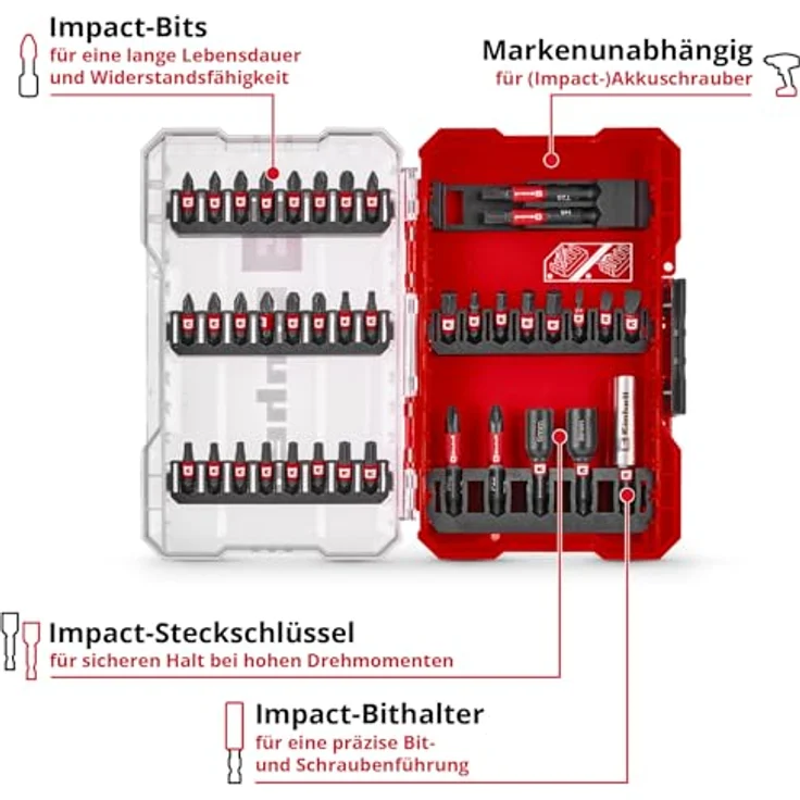 Einhell M-CASE 39-tlg. Impact-Bit-Set, 32 schlagfeste 25-mm-Bits und 50-mm-Bits, inkl. magnetischem Bithalter und Steckschlüsseln aus S2 Stahl – Bild 2