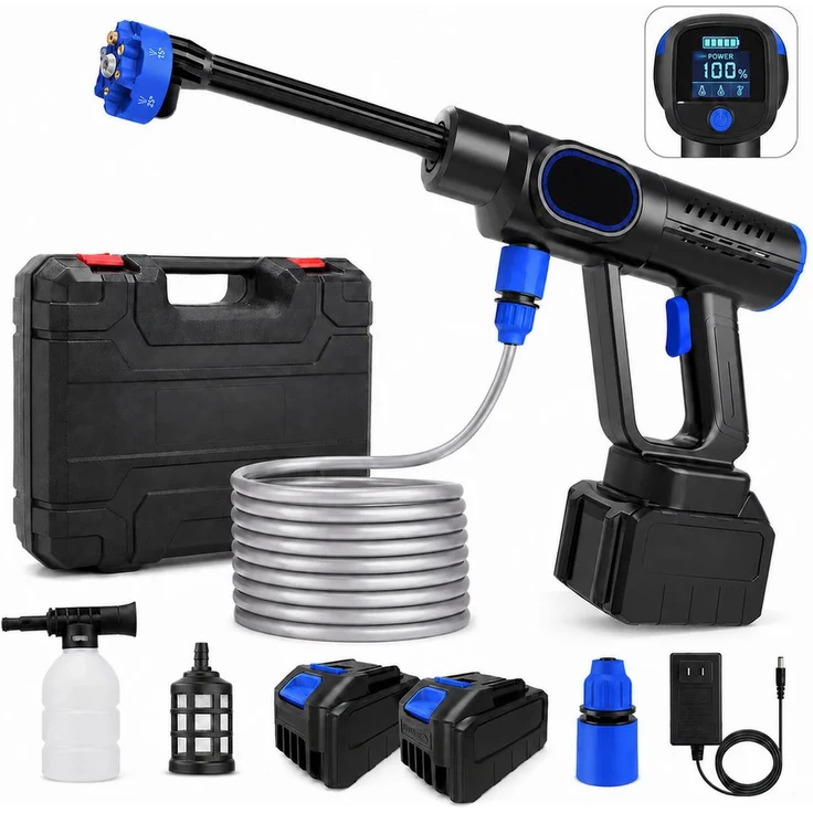 Diyarts Akku-Hochdruckreiniger, max. Druck 41,4 bar, 2x 21 V Akkus, 6-in-1-Düse, 5 m Schlauch & Koffer