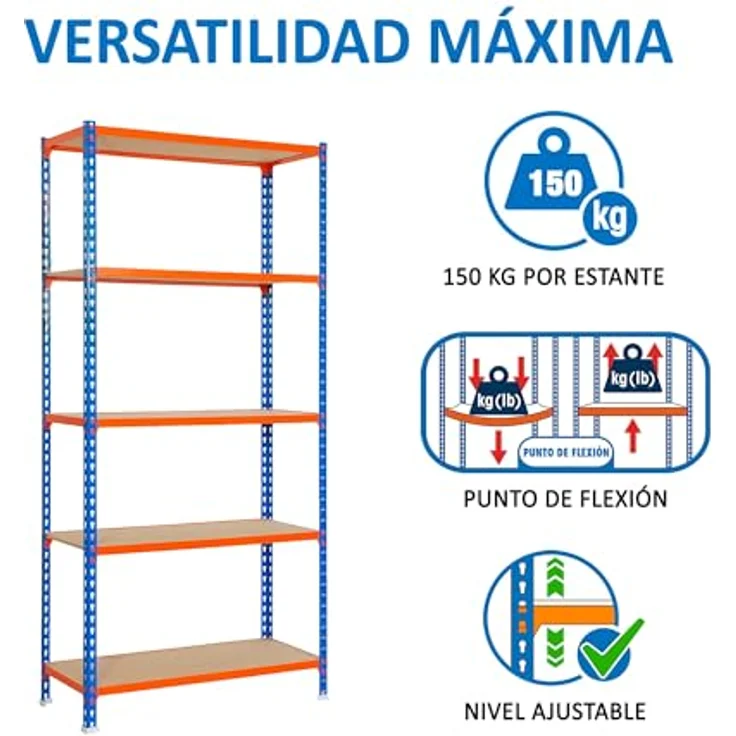 Simonrack Maderclick Metallregal, 180 x 90 x 40 cm, 5 Böden, Traglast 150 kg pro Boden, Stecksystem, Blau/Orange – Bild 4