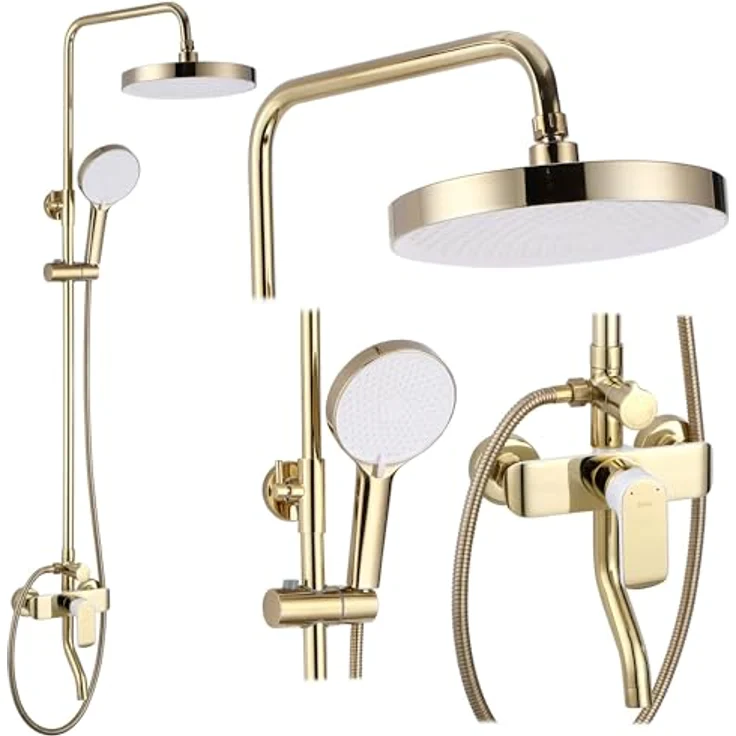 Rea Duschsystem BLOOM WHITE GOLD, Duschset mit Duscharmatur, Duschkopf und Kopfbrause aus Messing, Anti-Kalk Düsensystem, Aufputzmontage, Weiß/Gold – Bild 1