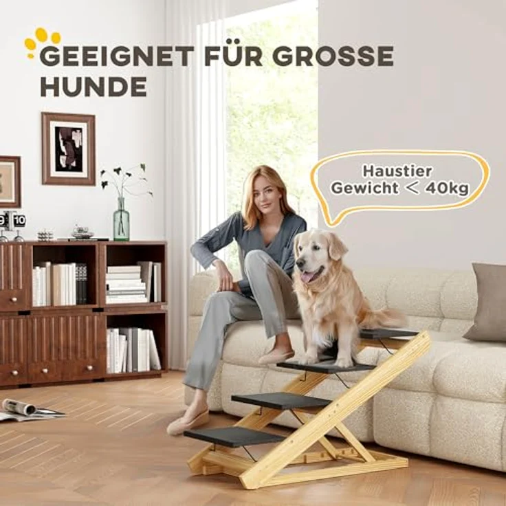 PawHut 2 in 1 Hundetreppe 4-stufige 62,5 cm Höhenverstellbar Haustiertreppe Klappbar Hunderampe mit Rutschfester Oberfläche für große Hunde bis 40 kg, Katze, Natur – Bild 3