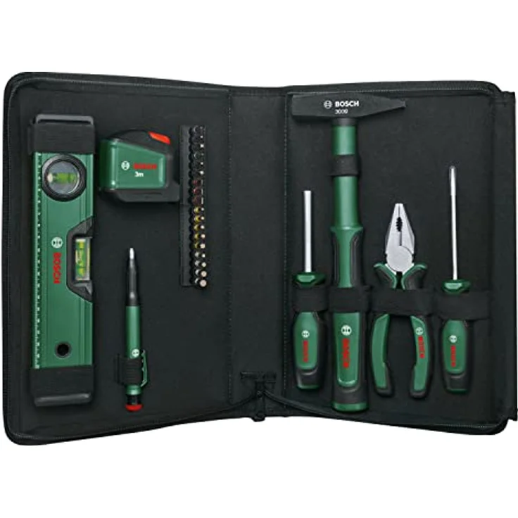 Bosch Handwerkzeug-Set 25-teilig, inkl. Kombizange, Schraubendreher, Wasserwaage, ergonomisches Design, textile Aufbewahrungstasche – Bild 2