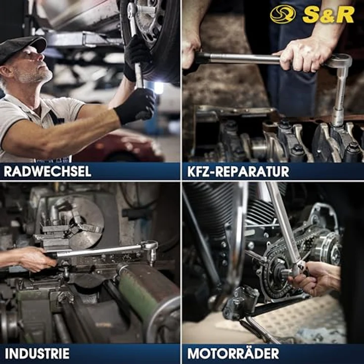 S&R Drehmomentschlüssel 475mm, 1/2", 28-210 Nm, aus Chrom-Vanadium, Umschaltbare Ratsche mit bruchfesten Nüssen, TÜV geprüft, Set mit Verlängerung und Stecknüssen (17, 19, 21 mm) – Bild 6