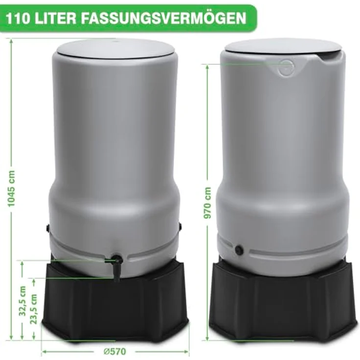 YourCasa Regentonne 110L [RainBell] mit Standfuss, Deckel & Wasserhahn - Regenfass Frostsicher aus Kunststoff - Grau, 110L – Bild 4