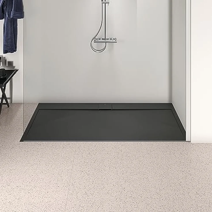 Ideal Standard Ultra Flat S i.life Duschwanne 180x90 aus Kunstharz, rutschfest in Steinoptik, schwarz matt, Ablaufgarnitur lange Seite, ultradünnes Design – Bild 5