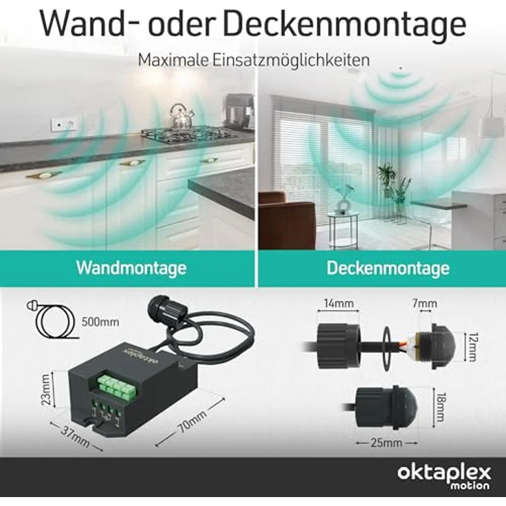 Oktaplex Jana, Einbau Bewegungsmelder für Außen mit 360 Grad Infrarotsensor, 4m Reichweite, IP65, 230V, schwarz – Bild 5