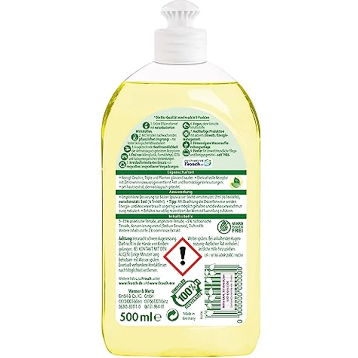 FROSCH Zitronenminze Geschirrspülmittel, 500 ml, pH-hautneutral, kraftvoll gegen Fettverschmutzungen, 100% recyclbare Flasche – Bild 2