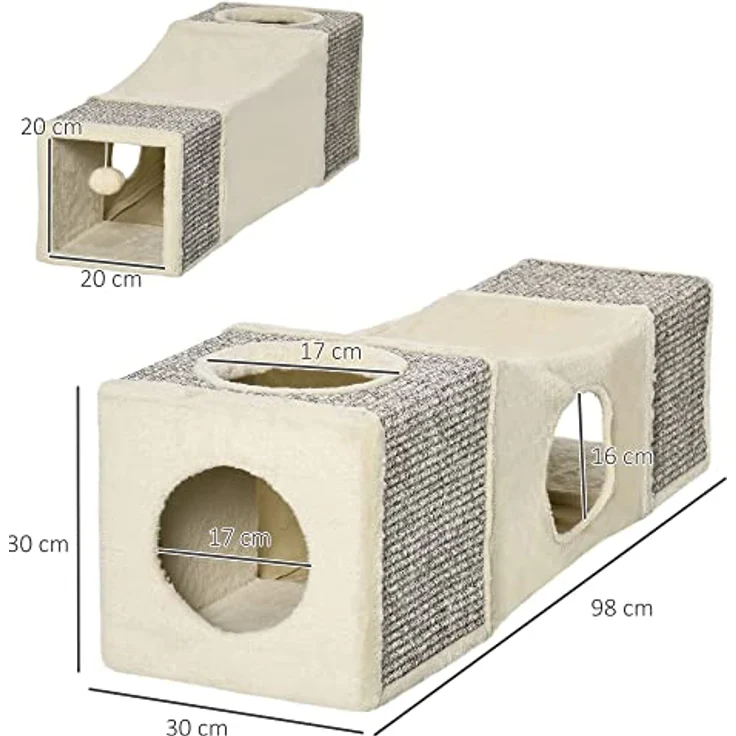 PawHut Katzentunnel, Katzenspielzeug mit Spielball, Katzenhöhle, Faltbarer Spieltunnel aus Sisal, Kombiniertes Design, Braun+Beige, 98 x 30 x 30 cm – Bild 3