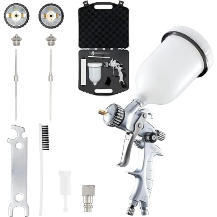 BENBOW Lackierpistole PK60, HVLP Set mit 1,4 mm + 1,8 mm Düsen, 600 ml Lackbehälter und Koffer, professionelle Spritztechnik