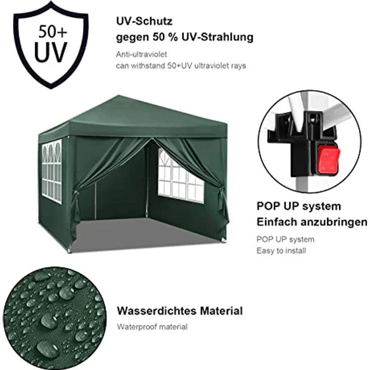 WOLTU Pavillon Pop-Up wasserdichter Faltpavillon Sonnenschutz Event Pavillon mit Seitenwänden Gartenpavillon auf Terrasse Camping Festival Pagodenzelt aus Oxford Metallrahmen 3 x 3 m Grün – Bild 5