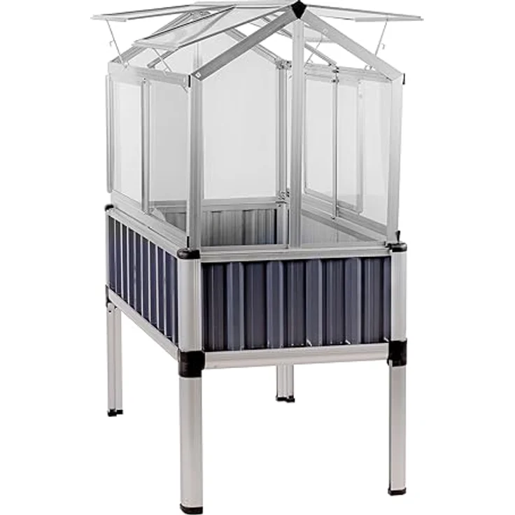 DEMA Alu Hochbeet mit Gewächshausaufsatz, 114x61x129 cm, anthrazit, 2 Schiebetüren, 4 Dachentlüftungen, 3-stufig – Bild 3