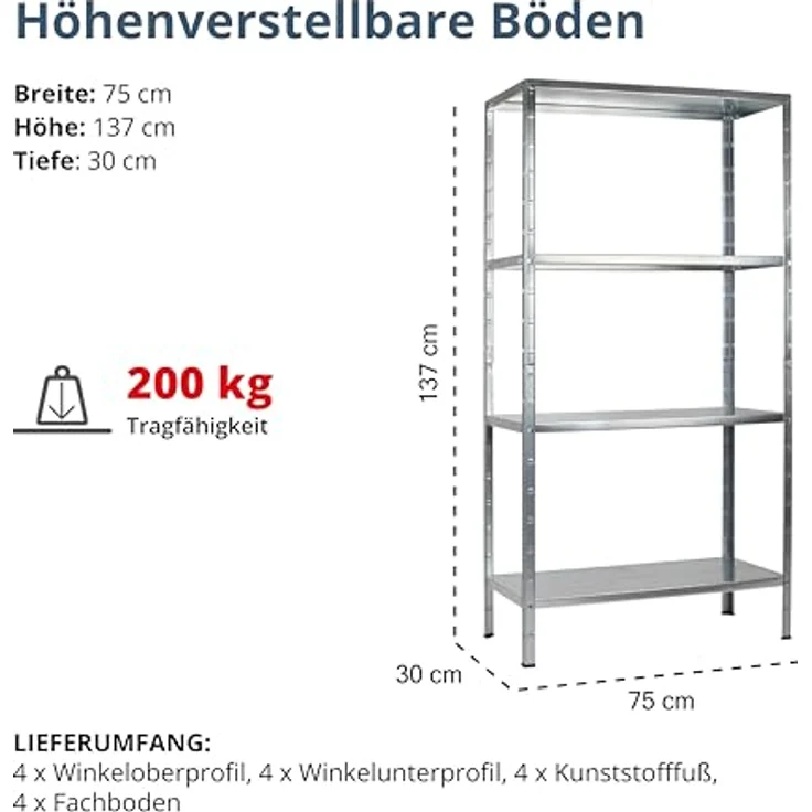Schulte Regalwelt Lagerregal mit 4 PowerMAX-Fachböden, 137x75x30cm Regalsystem, Steckregal mit einfacher Montage ohne Verschrauben, Traglast je Boden bis zu 50 Kg (Gesamttraglast bis zu 200 Kg) – Bild 4