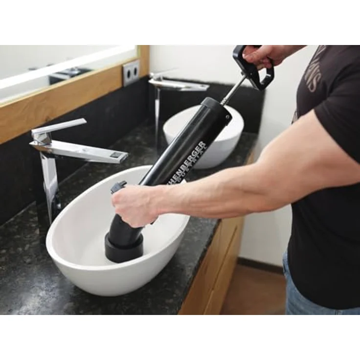 Rothenberger RoPump Power Saugdruckrohrreiniger, Handbetriebene Rohrreinigungspumpe für Waschbecken und Badewannen, Schwarz – Bild 2