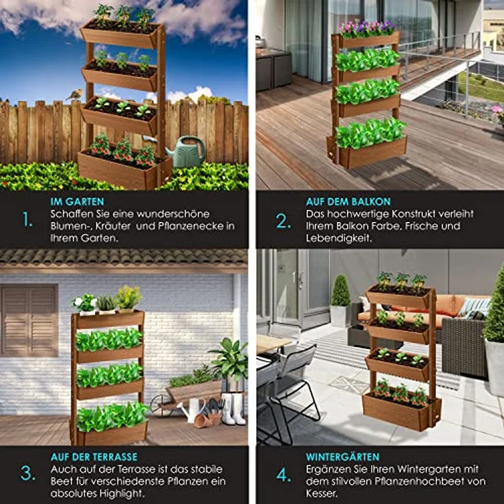 KESSER Hochbeet mit Etagen Premium Blumenkasten Blumentreppe Pflanztreppe - Gemüsebeet Kräuterbeet Pflanzkübel Frühbeet Blumenbeet Pflanzkasten inkl. Gartenvlies- Beet für Terrasse Balkon & Garten Braun, 4 Etagen – Bild 3