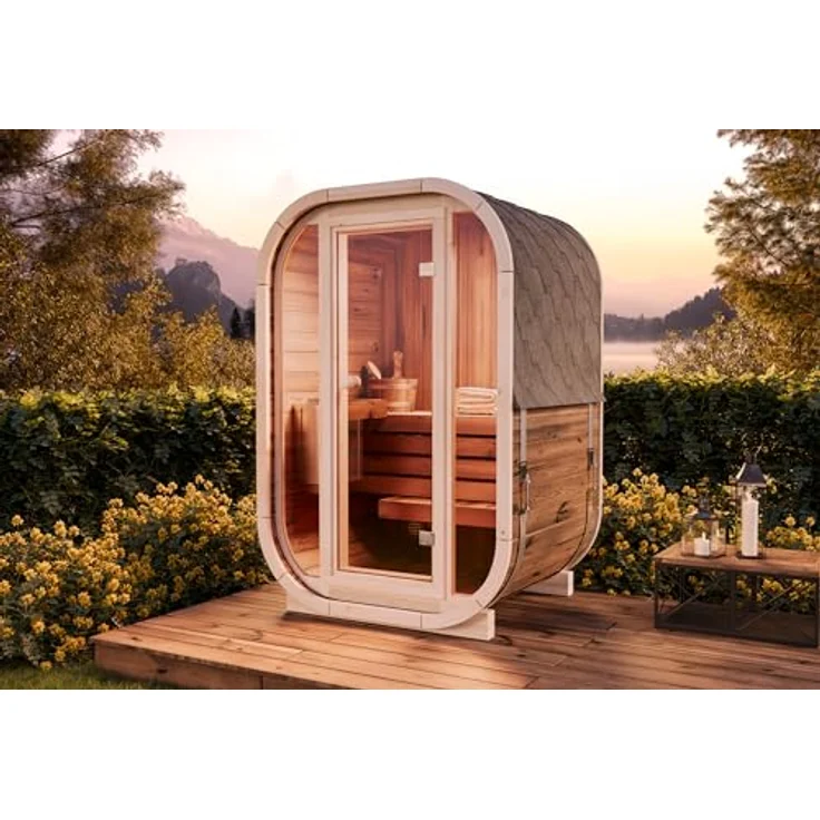FinnTherm Fasssauna Ellipso S, 42 mm Wandstärke, außergewöhnliches Design, Thermoholz - B 136 x T 119 x H 203 cm – Bild 2