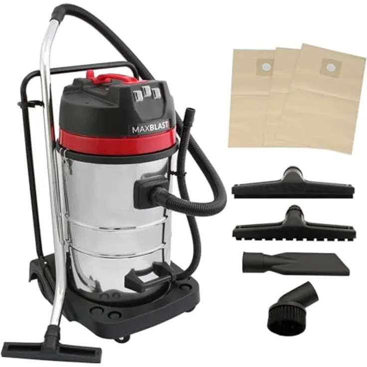 MAXBLAST Industriestaubsauger 80 l, Nass- und Trockensauger, 4 Aufsätze, 3000 W, Dreifachmotor, Edelstahl-Tuchfilter, beutellos, 3 x KOSTENLOSE Staubsaugerbeutel