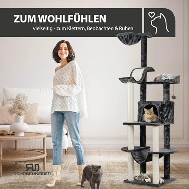 Rohrschneider Kratzbaum Travel mit integriertem Spielball und Hängematte für Katzen, vielseitiger Katzenspielplatz mit Sisalumwickelten Holmen, Hängematte, Kuschelmulde und zusätzlichem Spielball, in verschiedenen Farben – Bild 4